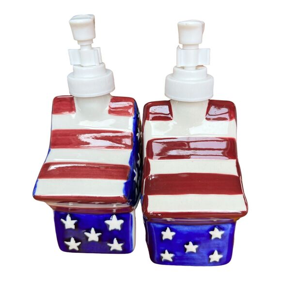 1999 Boston Warehouse American Flag Star Shape Mustard Ketchup Pump Set New - Picture 4 of 8